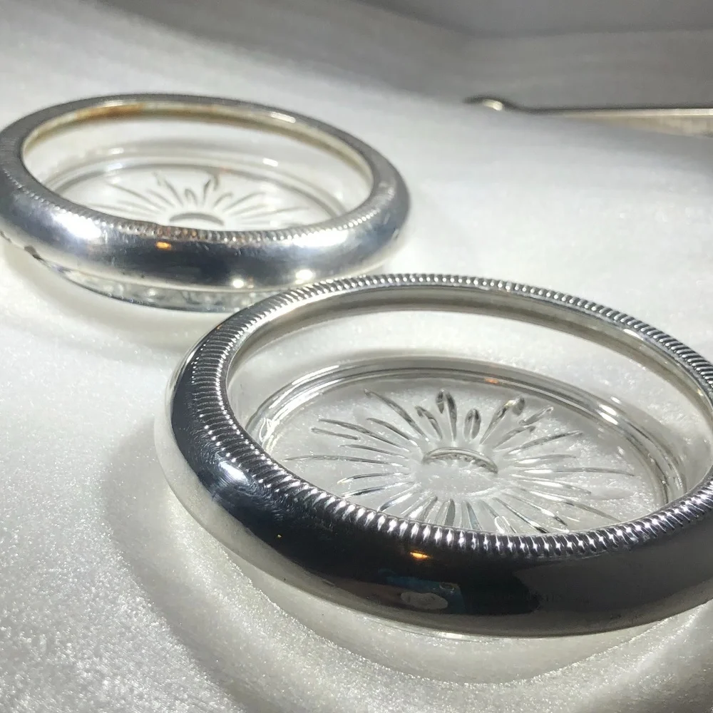 VINTAGE CROWN STERLING & CRYSTAL SUNBURST COASTERS OR ASHTRAYS - SET OF 2